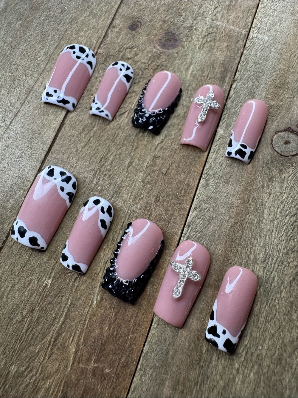 Cow Print Rhinestone Cross Press On Nails Size Large